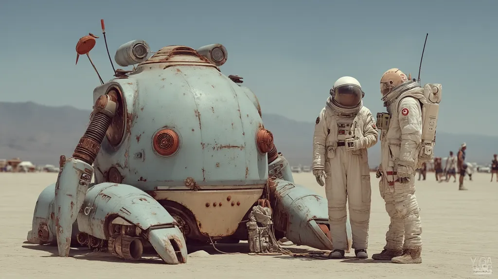 Two astronauts in weathered spacesuits stand beside a large, rusty, light-blue robotic vehicle in a desert setting.  The robot is squat and boxy, showing signs of age and wear.  A few other people are visible in the distance, suggesting a desolate, expansive landscape. The scene evokes a post-apocalyptic or futuristic atmosphere.