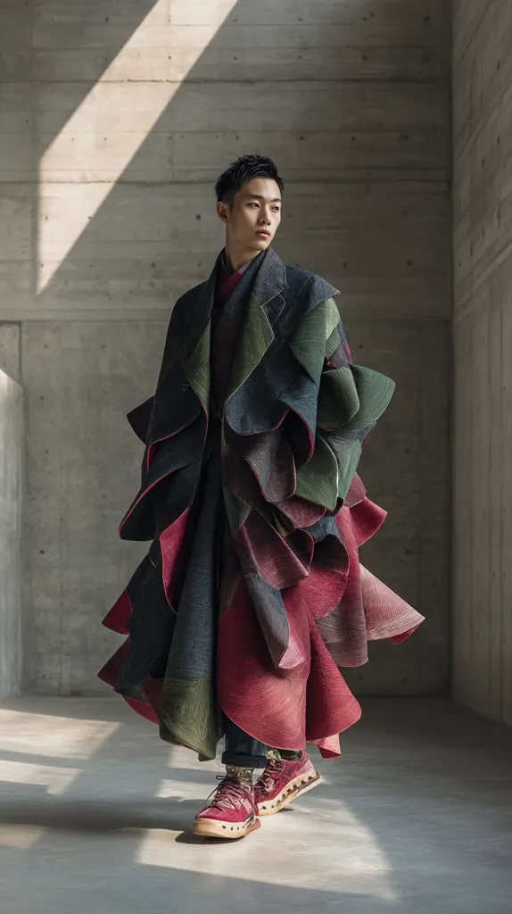 A young man models a dramatic, layered coat in shades of deep red, green, and gray. The voluminous garment appears to be constructed from numerous overlapping fabric panels, creating a textural, sculptural effect. He wears burgundy sneakers, and the setting is a minimalist concrete space. The image emphasizes the unique design and artistry of the clothing.