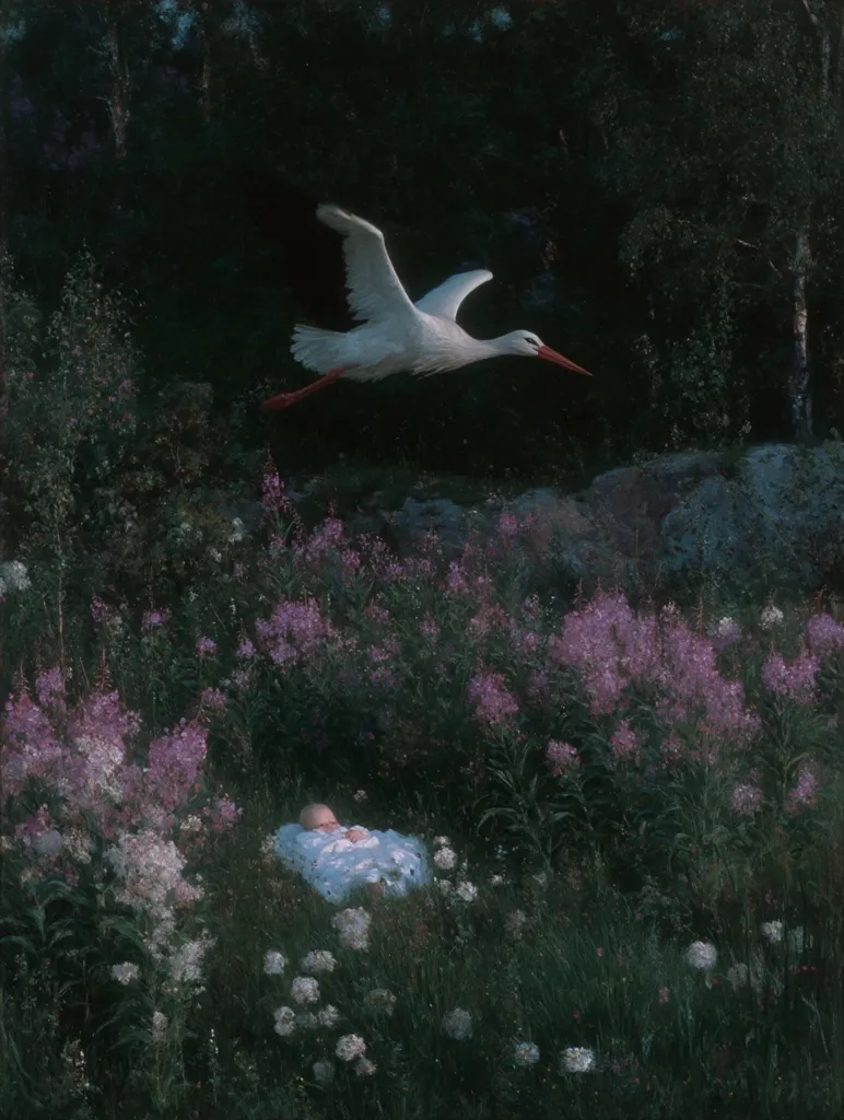 A white stork flies gracefully over a lush, flowering meadow at twilight.  Below, a sleeping infant lies nestled amongst the blossoms, creating a serene and magical scene. The image evokes a sense of peace and the traditional imagery of storks delivering babies. The dark background enhances the ethereal quality of the moment.