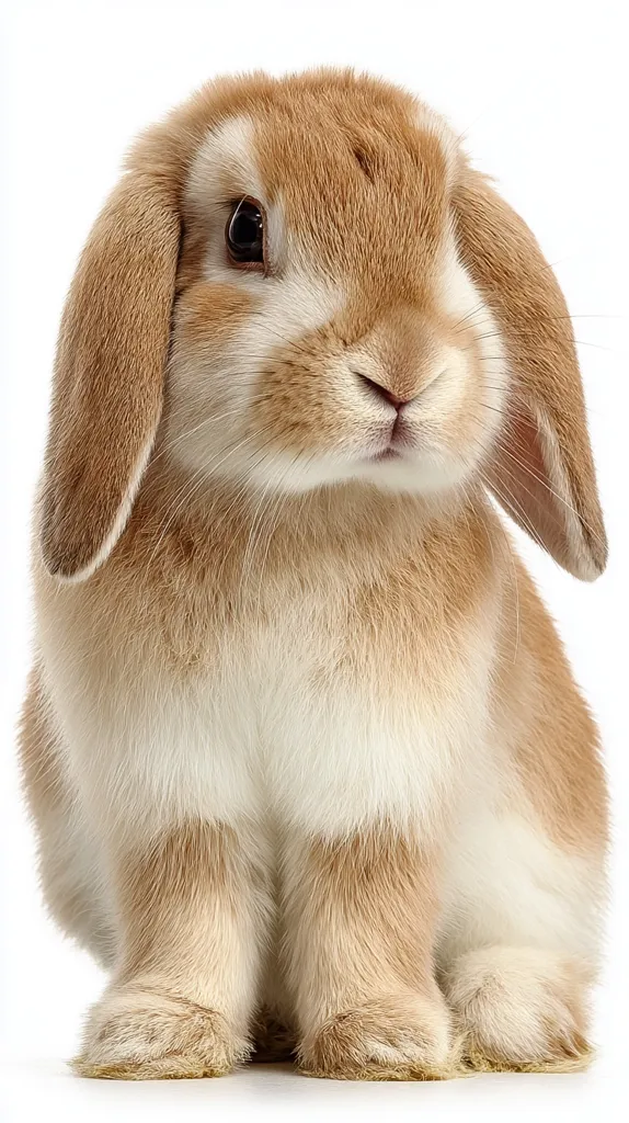 A young, fluffy lop-eared rabbit sits against a white background.  Its fur is a light brown and white, with long, drooping ears. The rabbit's expression is calm and its eyes are dark.  It appears healthy and well-groomed, showcasing its soft, dense fur. The image is a close-up, highlighting the rabbit's adorable features.