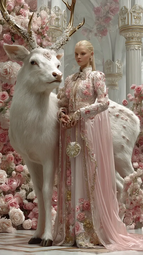 A blonde woman in a flowing, rose-embellished gown stands beside a majestic white deer with golden antlers.  The scene is set in a palatial, ornate interior, surrounded by lush pink roses. The overall aesthetic is ethereal and romantic, evoking a fairytale or fantasy setting.  The woman holds a delicate clutch, completing the elegant and dreamy ambiance.