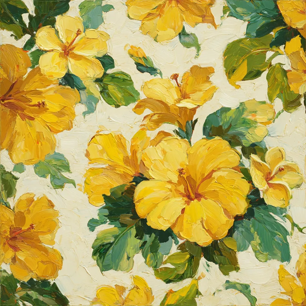 A vibrant oil painting showcases a profusion of yellow hibiscus flowers against a creamy off-white background.  The blossoms are rendered with thick, visible brushstrokes, creating a textured and expressive effect. Lush green leaves accentuate the flowers, scattered throughout the composition in a seemingly random yet balanced arrangement. The overall impression is one of bold color and energetic artistic style.