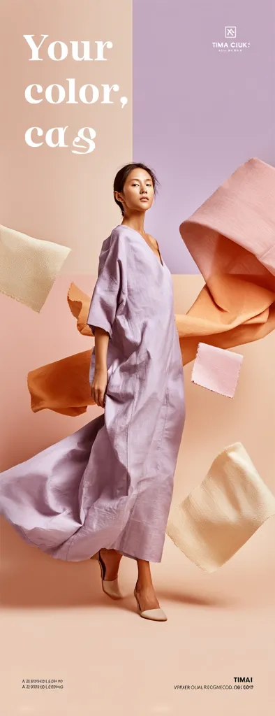A woman in a lavender maxi dress stands against a peach and lilac backdrop.  Floating fabric in varying shades of peach, orange, and lavender surrounds her. The text "Your color, caş" is prominently displayed, along with a logo and brand name. The overall aesthetic is soft, elegant, and emphasizes color and texture.  The image suggests a fashion campaign or textile advertisement.