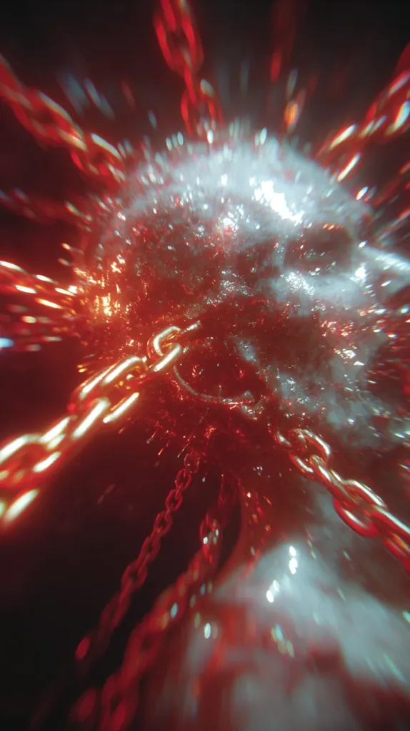 Abstract close-up of metallic chains submerged in a turbulent, red and white liquid.  The chains appear to be moving rapidly, creating a dynamic and energetic visual effect. The blurry, swirling liquid enhances the sense of motion and intensity. The overall mood is dramatic and somewhat chaotic.