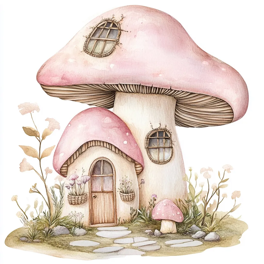 A charming watercolor illustration depicts a whimsical mushroom house.  A large pink mushroom forms the main structure, with a smaller mushroom forming a cozy cottage underneath.  Both feature quaint windows and a small wooden door.  The scene is completed with delicate wildflowers and a stone pathway, creating a magical, fairytale-like setting.