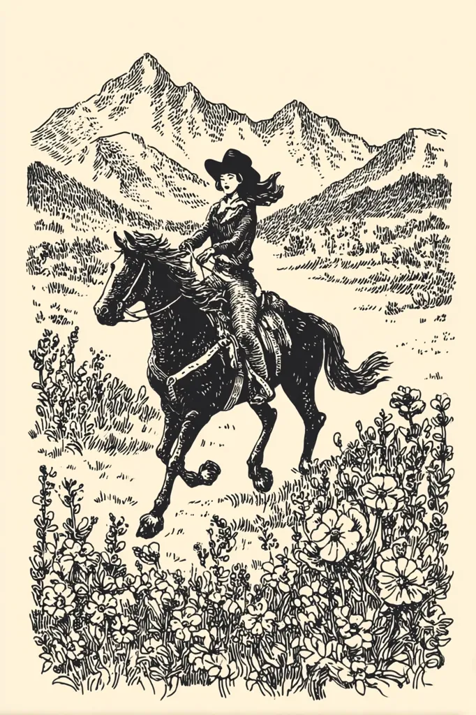 A cowgirl, wearing a wide-brimmed hat and long skirt, rides a horse through a field of wildflowers.  The horse is depicted in mid-gallop, its legs extended. Towering mountains form a dramatic backdrop to the scene. The style is reminiscent of a woodcut or linocut print, with bold black lines and stark contrasts. The image evokes a sense of freedom and the beauty of the American West.