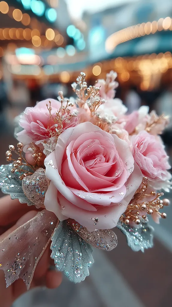 A delicate pink rose boutonniere, adorned with smaller pink flowers and sprigs of gold-tipped baby's breath, is held in a hand.  The arrangement is accented with shimmering, light teal and gold glitter foliage and ribbon, creating a sparkling, romantic effect. The background is blurred, suggesting a festive, outdoor setting.