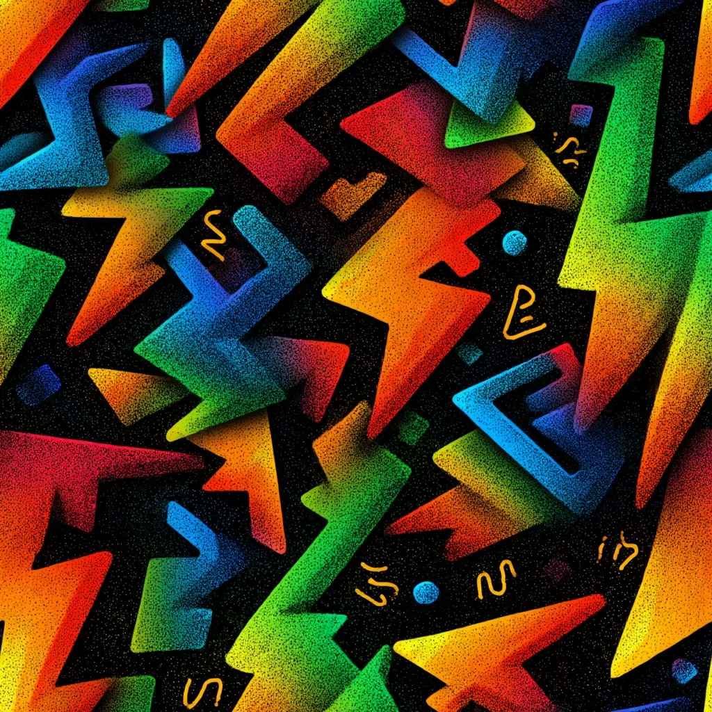A vibrant, abstract pattern featuring multicolored, angular shapes reminiscent of 80s graffiti art.  The design is bold and energetic, with a textured, almost granular, effect giving it a three-dimensional quality.  Bright hues of red, orange, yellow, green, and blue dominate against a dark background, creating a dynamic and visually stimulating composition.  Small, stylized scribbles are interspersed among the larger shapes.
