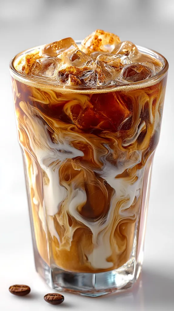 A close-up shot reveals a glass of iced coffee, its creamy swirls of milk artfully blended with the dark brew.  Ice cubes are visible at the top, partially melted, adding to the refreshing appearance. Two coffee beans rest on the surface beside the glass, enhancing the overall coffee theme. The drink is presented in a clear, short glass, emphasizing its rich color and texture.