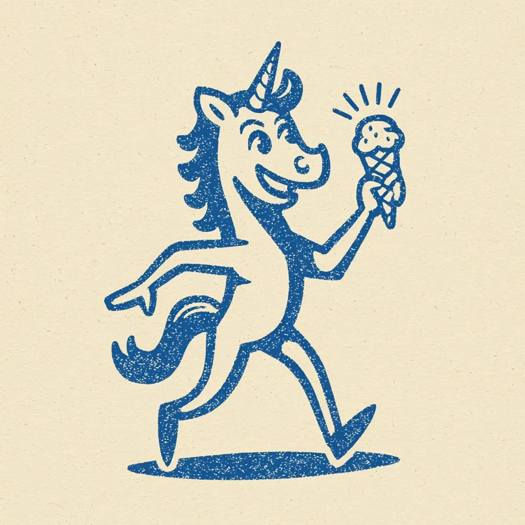 A stylized blue illustration of a happy unicorn joyfully striding while carrying an ice cream cone.  The image is reminiscent of vintage prints, with a textured, slightly grainy appearance. The unicorn has a cheerful expression and a flowing mane and tail. The ice cream cone is detailed with swirls and a waffle cone texture. The background is a muted beige.