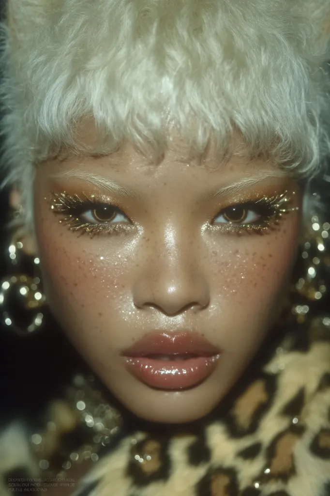 Close-up of a person's face with elaborate gold eye makeup, including glittery eyeshadow and long lashes.  Their skin is adorned with subtle freckles and a shimmering highlight.  They wear a fluffy white hat and a leopard-print garment. The overall aesthetic is glamorous and slightly ethereal.  The lighting is soft and moody.