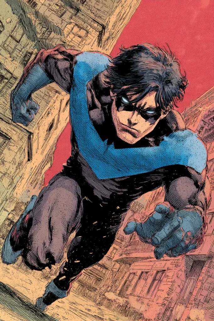 Nightwing, Dick Grayson, is depicted in dynamic motion.  His costume, a dark suit with a prominent blue "V" across his chest, is detailed with textured shading.  He runs through a gritty urban cityscape, the background rendered in a style emphasizing aged buildings and a distressed, almost paint-splattered effect. His determined expression and forward-reaching hand add to the sense of urgency and action.