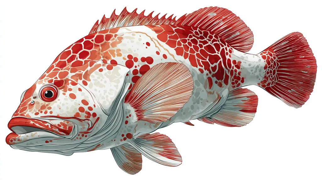 A detailed illustration showcases a fish, predominantly white with vibrant red markings.  The red is concentrated in blotches and patterns across its body, fins, and tail. Its scales are meticulously rendered, and its eye is large and expressive. The fish is depicted in a three-quarter view, highlighting its textured skin and the intricate detail of its fins.  The background is pure white, making the fish the focal point.