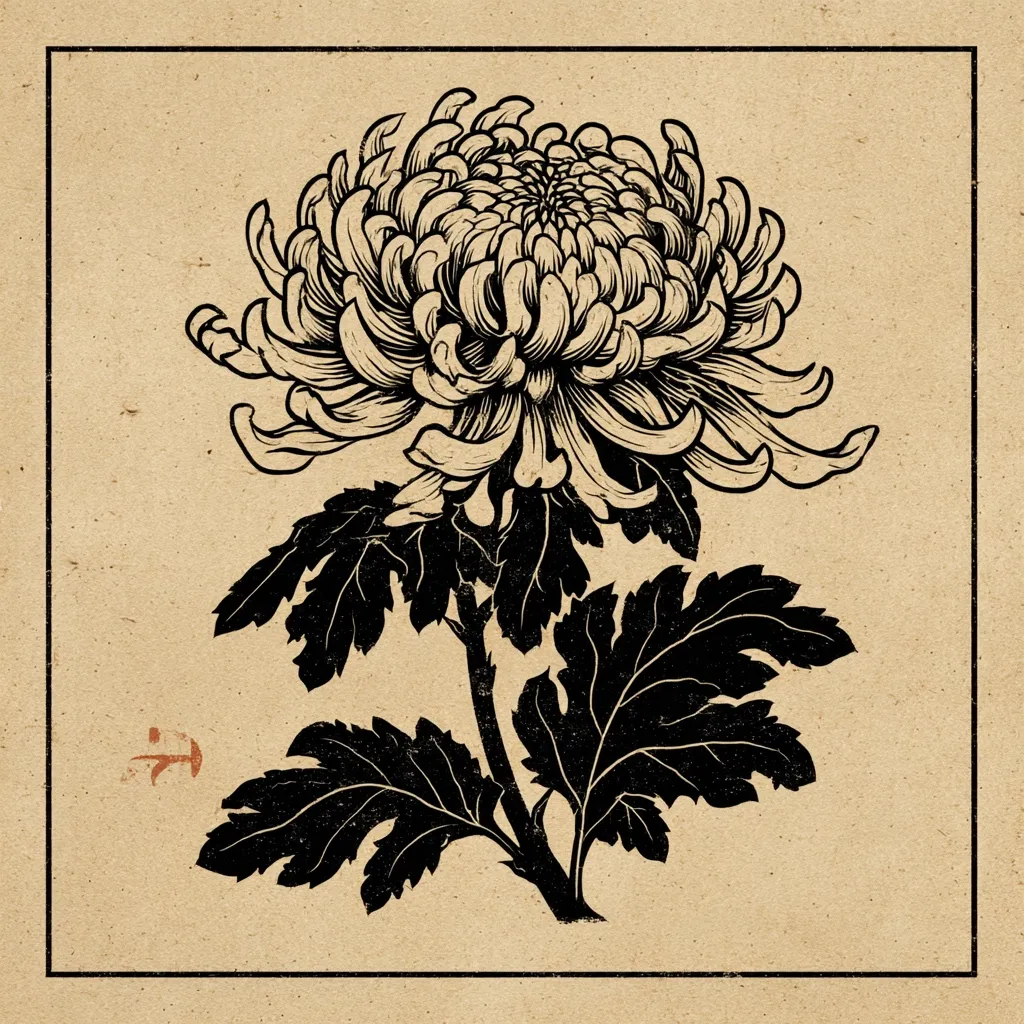 A monochrome illustration showcases a meticulously detailed chrysanthemum, rendered in stark black against a beige, textured background.  The flower's intricate petals are densely packed, creating a full bloom.  Bold, black leaves extend from a slender stem, completing the composition within a simple, square frame. The style evokes vintage botanical prints or woodblock art.  A small, indistinct mark is visible in the lower left corner.