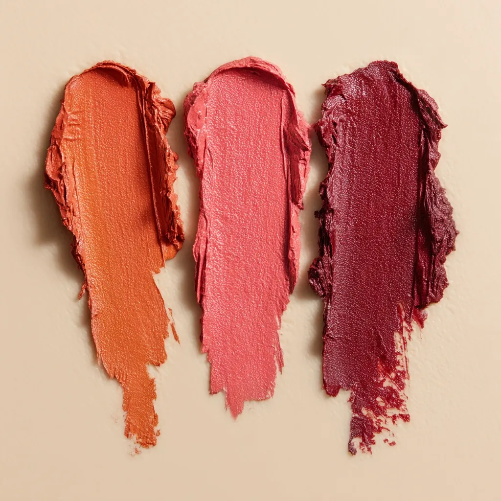 Three lipstick swatches are displayed against a neutral beige background.  The swatches are vertically oriented and show a gradient of color: a warm terracotta, a soft rose pink, and a deep burgundy red.  The textured smears demonstrate the creamy consistency of the lipsticks.