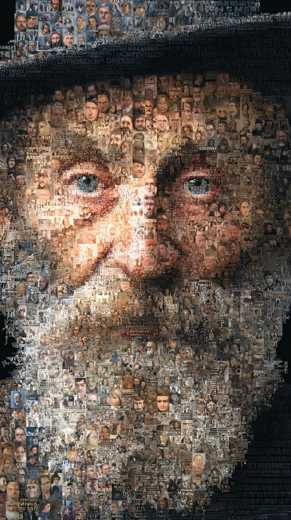 A mosaic portrait of an elderly man with a beard and hat.  The image is composed of hundreds of smaller images, creating a larger picture. The smaller images appear to be portraits of various individuals, suggesting a collective representation. The overall effect is a striking and detailed artwork.