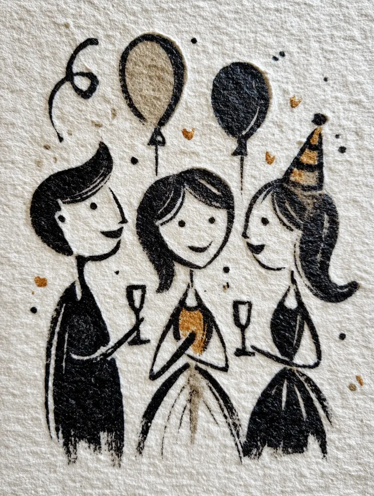 A charming illustration depicts three stylized figures celebrating, possibly a birthday. Two women and a man are shown toasting with champagne flutes under celebratory balloons. One woman wears a party hat, adding to the festive mood. The artwork features a textured, off-white background, enhancing the hand-drawn quality.  The simple, elegant style evokes a sense of joy and camaraderie.