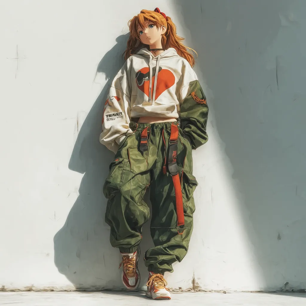 An anime-style girl with orange hair, styled in a cream hoodie featuring a red heart graphic and olive green cargo pants, leans against a white wall.  Her attire incorporates streetwear elements, including branded detailing on the hoodie and red straps on her pants.  She wears orange and white sneakers, completing a fashionable and relaxed look.  Sunlight casts a shadow behind her, adding depth to the image.