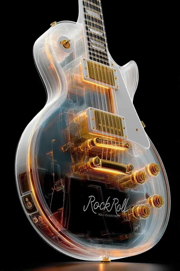 A translucent electric guitar, seemingly made of glass, reveals its internal mechanisms with glowing gold accents.  The intricate wiring and components are visible, creating a striking visual effect against the black background.  The words "Rock Roll" are subtly inscribed on the body, enhancing the artistic representation of this iconic instrument.  The overall impression is one of both fragility and power.