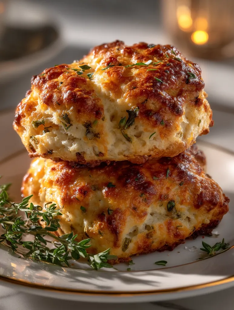 Two golden-brown cheese and thyme biscuits are stacked on a white plate.  The biscuits are generously sprinkled with herbs and have a slightly crispy exterior.  A sprig of fresh thyme rests beside them, adding a pop of green to the warm, inviting image. The setting is subtly elegant, suggesting a comforting yet sophisticated culinary experience.
