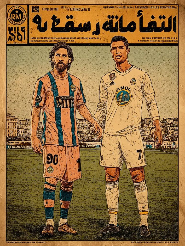 A stylized newspaper clipping depicts Lionel Messi and Cristiano Ronaldo, footballing legends, side-by-side.  Messi, in a pale pink and blue jersey, and Ronaldo, in a white jersey, stand on a football field.  The artwork is in a vintage style, with text in Arabic and English, giving a sense of a historical moment or momentous event.  The image suggests a collaborative or unifying theme between the two rivals.