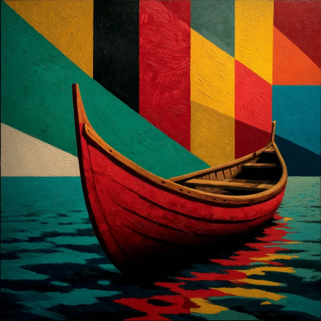 A vibrant oil painting depicts a red rowboat gently floating on teal water.  The boat's reflection mirrors the colorful, geometric background of bold reds, yellows, greens, and blacks, creating a striking contrast between the organic form of the boat and the sharp lines of the abstract backdrop. The impasto technique adds texture and depth to the piece.