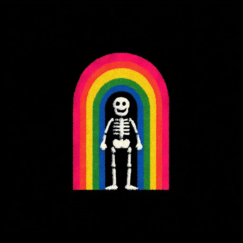 A smiling skeleton stands within a vibrant rainbow arch against a black background. The rainbow is depicted with a textured, pixelated effect, adding a unique visual element to the design. The image presents a striking contrast between the cheerful rainbow and the skeletal figure, creating an intriguing and somewhat whimsical scene. The overall style is bold and graphic, possibly suggesting a playful yet slightly macabre aesthetic.