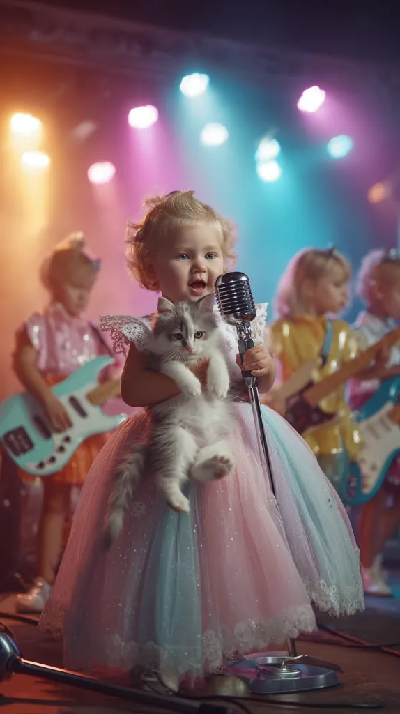 A toddler girl in a pastel-colored princess dress holds a fluffy gray kitten while singing into a vintage microphone on a stage.  Other children, also dressed up, play miniature guitars in the background under colorful stage lighting, creating a whimsical, rock-and-roll scene. The image evokes a sense of playful fantasy.