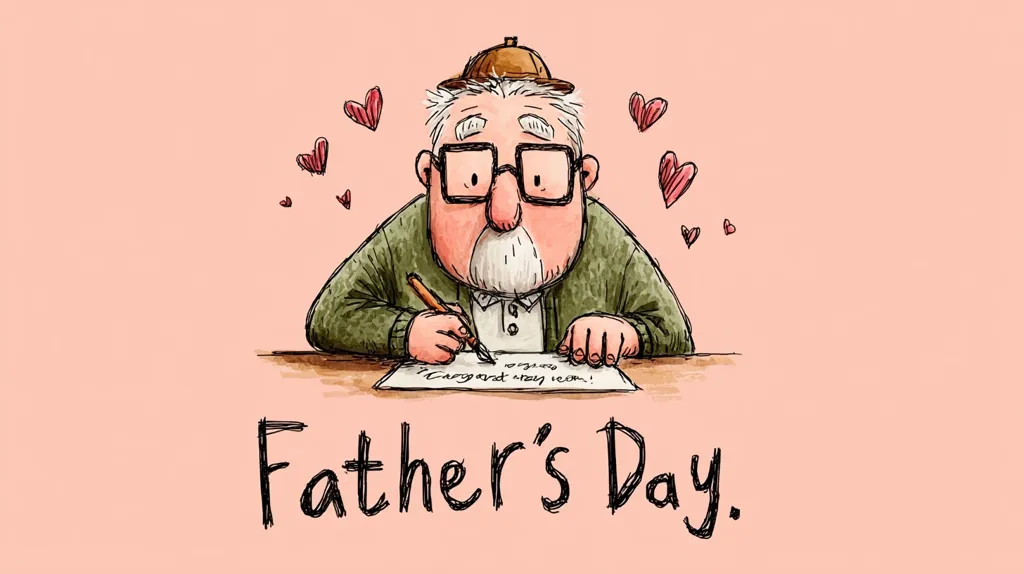 A heartwarming Father's Day illustration depicts a grandfatherly figure with glasses and a cap, diligently writing a letter.  He's surrounded by small hearts, symbolizing love.  His focused expression and the handwritten note convey heartfelt sentiments. The words "Father's Day" are prominently displayed below, completing the tender and affectionate message.