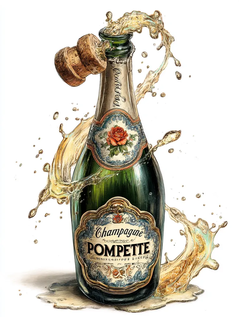 A detailed illustration showcases a bottle of Pompette Champagne with its cork popping.  The champagne explodes in a dynamic splash, capturing the celebratory moment. The bottle's label features ornate detailing and a rose, adding a touch of elegance. The style is reminiscent of vintage advertising art, with meticulous rendering of texture and light. The overall effect is one of festive exuberance and refined taste.