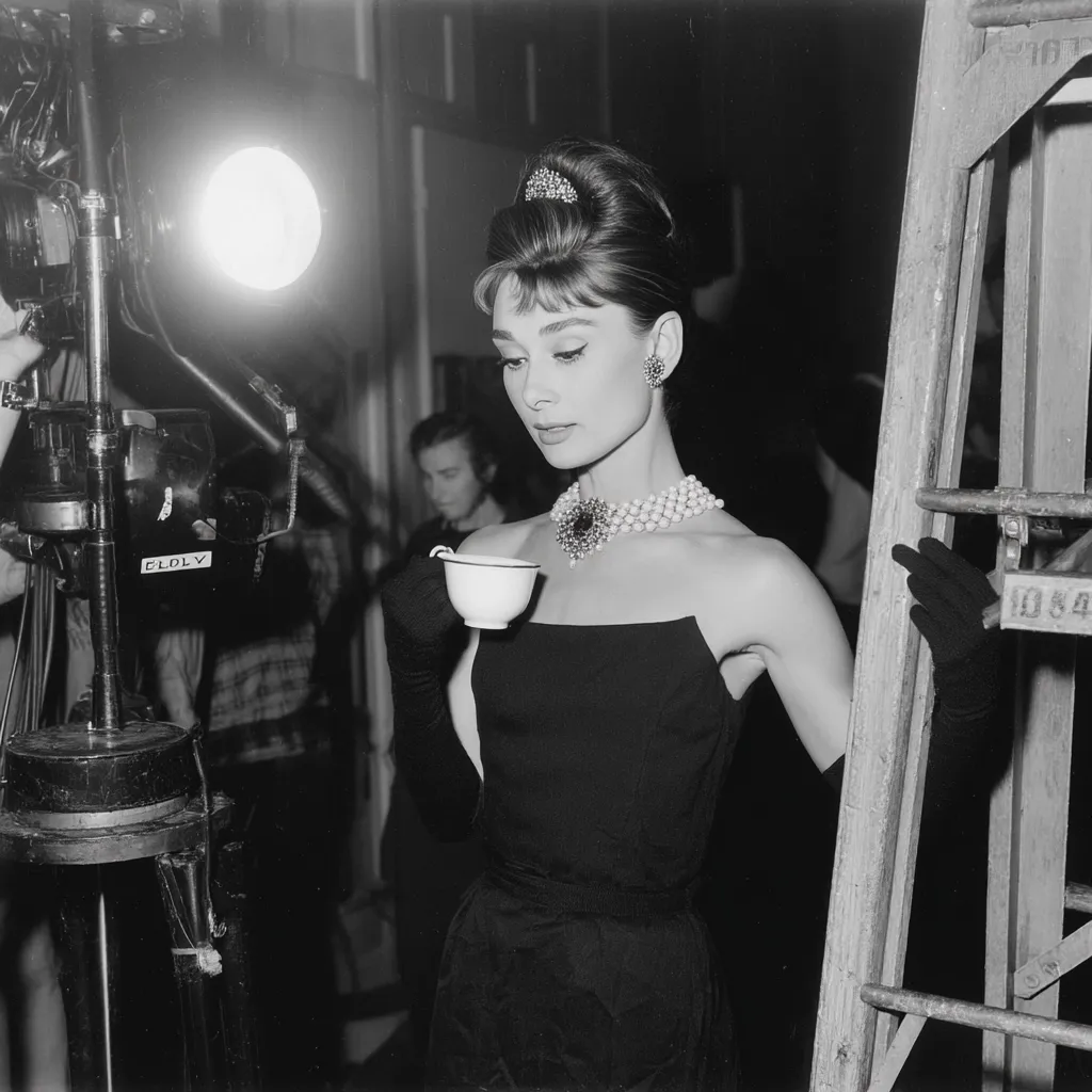 A black and white behind-the-scenes photograph of Audrey Hepburn on the set of Breakfast at Tiffany's.  She is elegantly dressed in a little black dress, pearl necklace, and long gloves, holding a teacup.  The background shows film equipment and crew members, highlighting the film's production environment.  Hepburn's iconic hairstyle and poised demeanor are captured in this classic image.