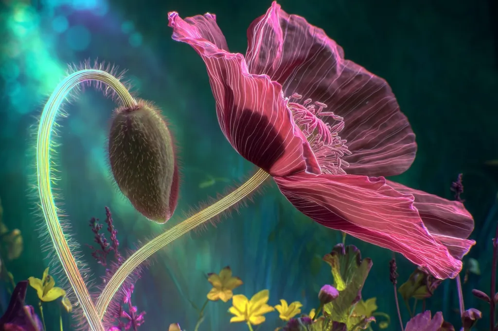A vibrant pink poppy, its petals delicately veined, dominates the foreground.  A closed bud curves gracefully alongside the open bloom, their stems forming a heart shape.  The background is a blurred teal, hinting at other wildflowers and foliage.  The image has a surreal, almost ethereal quality, with a luminous glow surrounding the poppy.  The overall effect is one of delicate beauty and otherworldly charm.