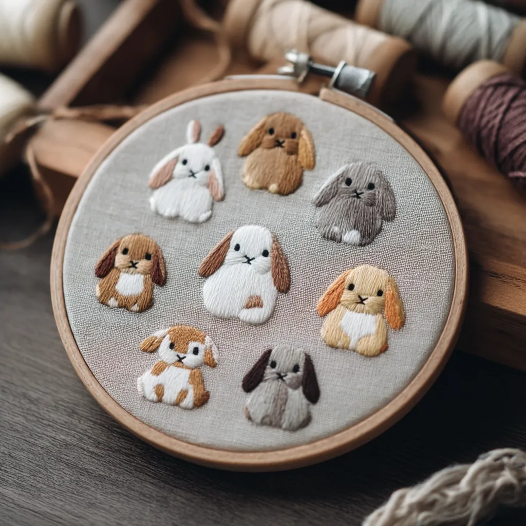 A circular embroidery hoop displays a charming collection of hand-stitched bunnies.  Eight bunnies in varying shades of brown, beige, and gray are meticulously embroidered onto a light gray linen fabric. The bunnies' expressions are sweet and simple, creating a cute and calming scene.  The hoop rests on a dark wooden surface near spools of embroidery thread.