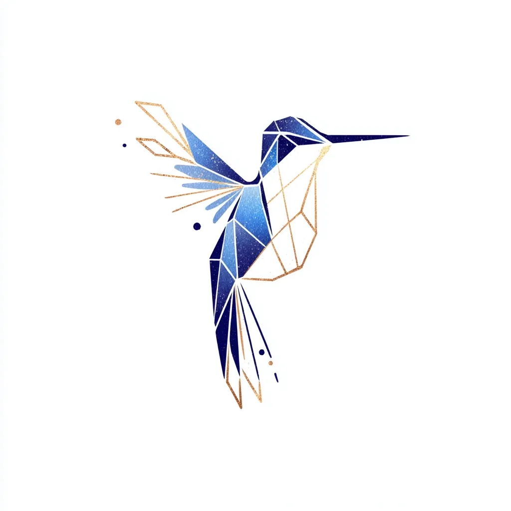 A geometric hummingbird design is depicted.  The bird is rendered in shades of blue, resembling a constellation or nebula, with gold geometric lines outlining its form.  The style is minimalist and modern, with a focus on clean lines and subtle color variations. Small gold dots are scattered around the image, adding to its ethereal quality.  The hummingbird is shown in flight, its wings outstretched.