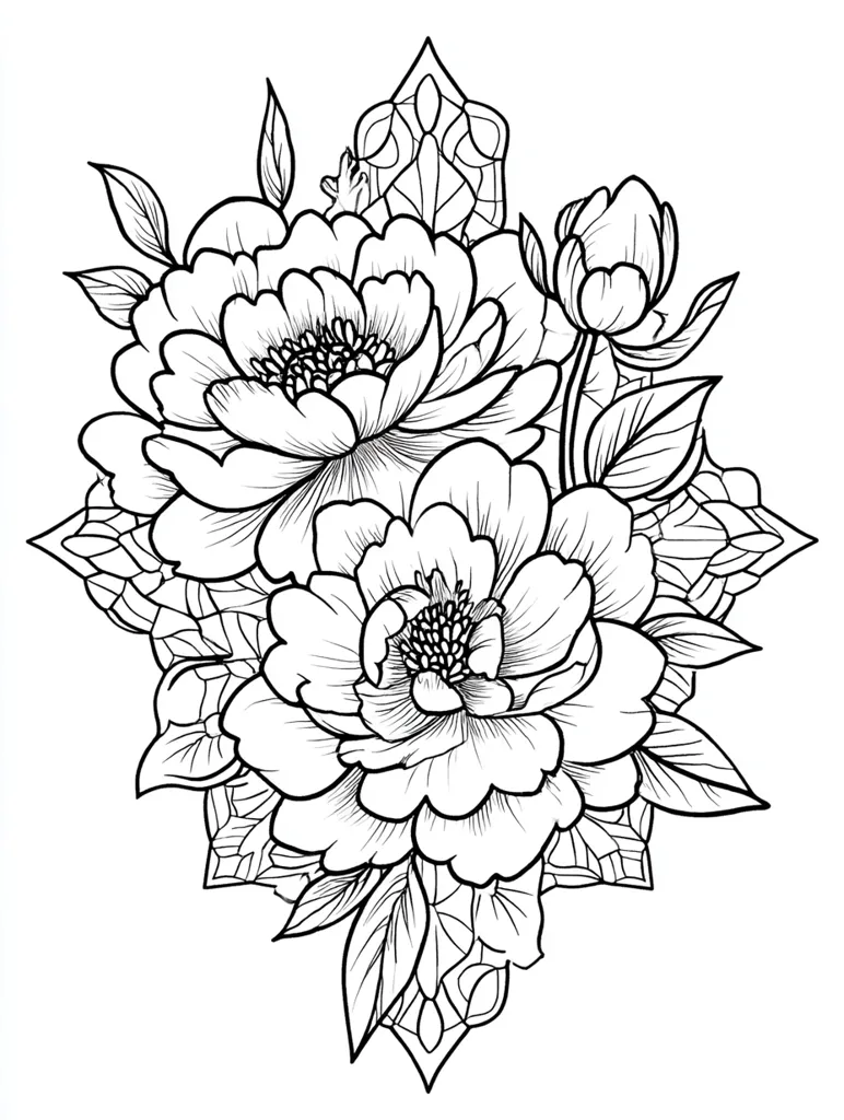 A detailed line drawing showcases a cluster of peonies, meticulously rendered with intricate detailing.  The blooms are large and full, their petals overlapping with delicate precision.  Surrounding the flowers are leaves and stems, adding to the overall botanical complexity.  An ornamental, geometric pattern frames the arrangement, creating a visually striking piece. The style suggests a potential tattoo design or decorative element.