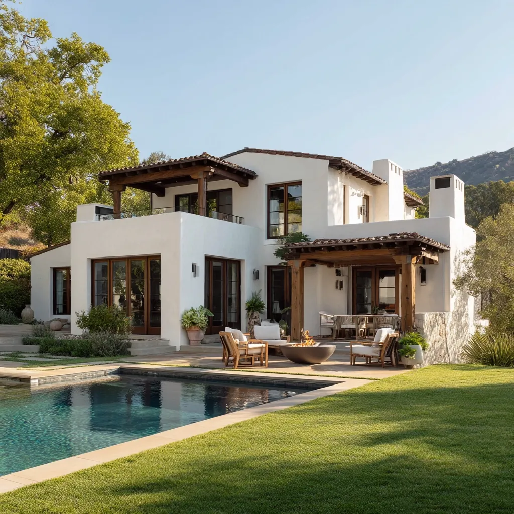 A stunning Spanish-style home boasts clean white stucco walls, dark wood accents, and a terracotta roof.  The expansive backyard features a rectangular swimming pool, lush green lawn, and a covered patio with a fire pit, perfect for outdoor entertaining.  The house's design seamlessly blends indoor and outdoor living spaces, creating a tranquil and luxurious atmosphere.  Mature trees surround the property, offering shade and privacy.