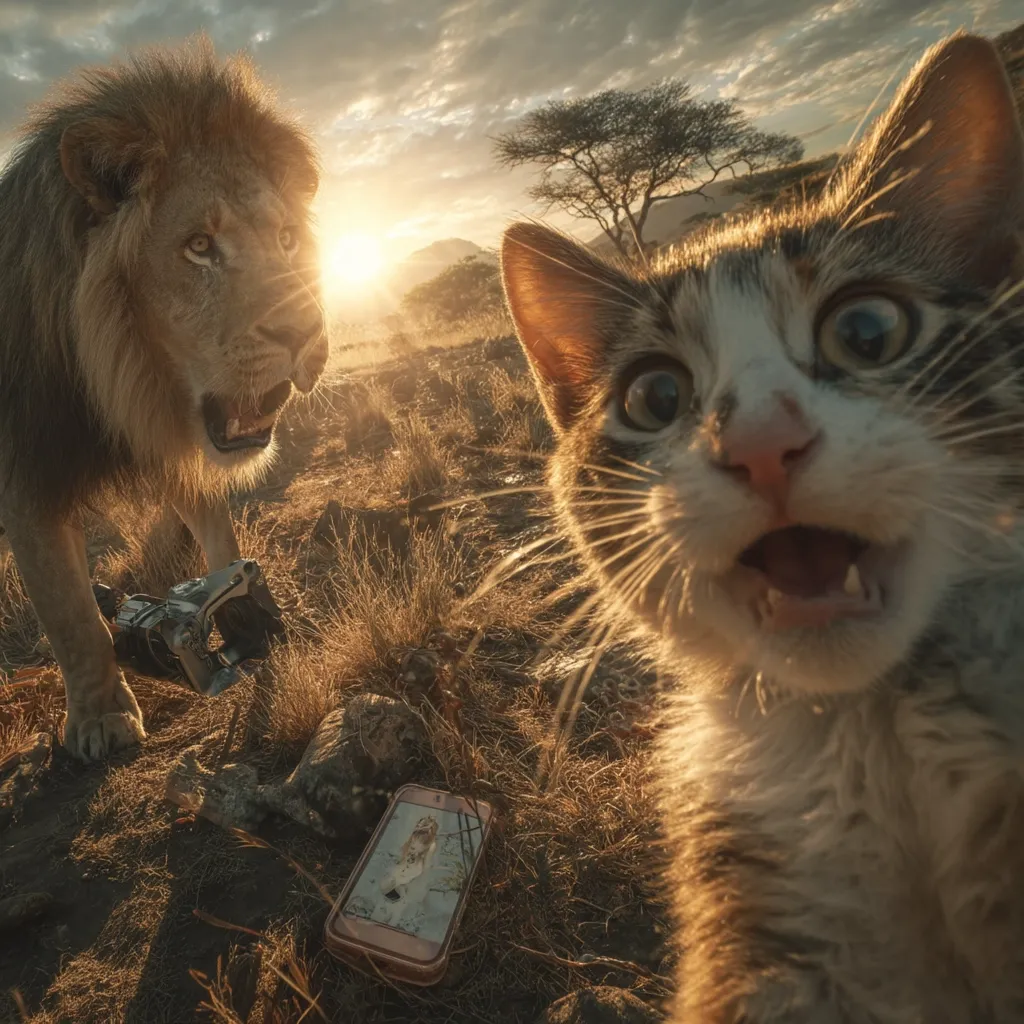 A playful selfie features a wide-eyed tabby kitten in the foreground, seemingly surprised.  Behind it, a majestic male lion stands calmly in the golden light of a savanna sunset.  A camera and smartphone displaying a picture lie on the ground between them, suggesting the kitten's adventurous photo-taking. The scene is a whimsical juxtaposition of wild animals and modern technology.
