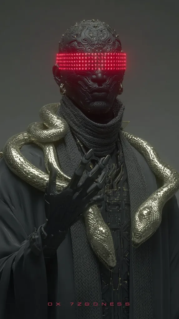 A stylized figure, seemingly cyborg or robotic, is depicted.  Its face is masked with intricate, dark detailing and red digital numbers scrolling across the eyes.  A metallic gold snake wraps around its shoulders. The figure is dressed in dark, textured clothing with a futuristic aesthetic. The overall tone is dark and mysterious, suggesting a blend of organic and technological elements.  The image is signed "OX 7ZG0NESS" at the bottom.