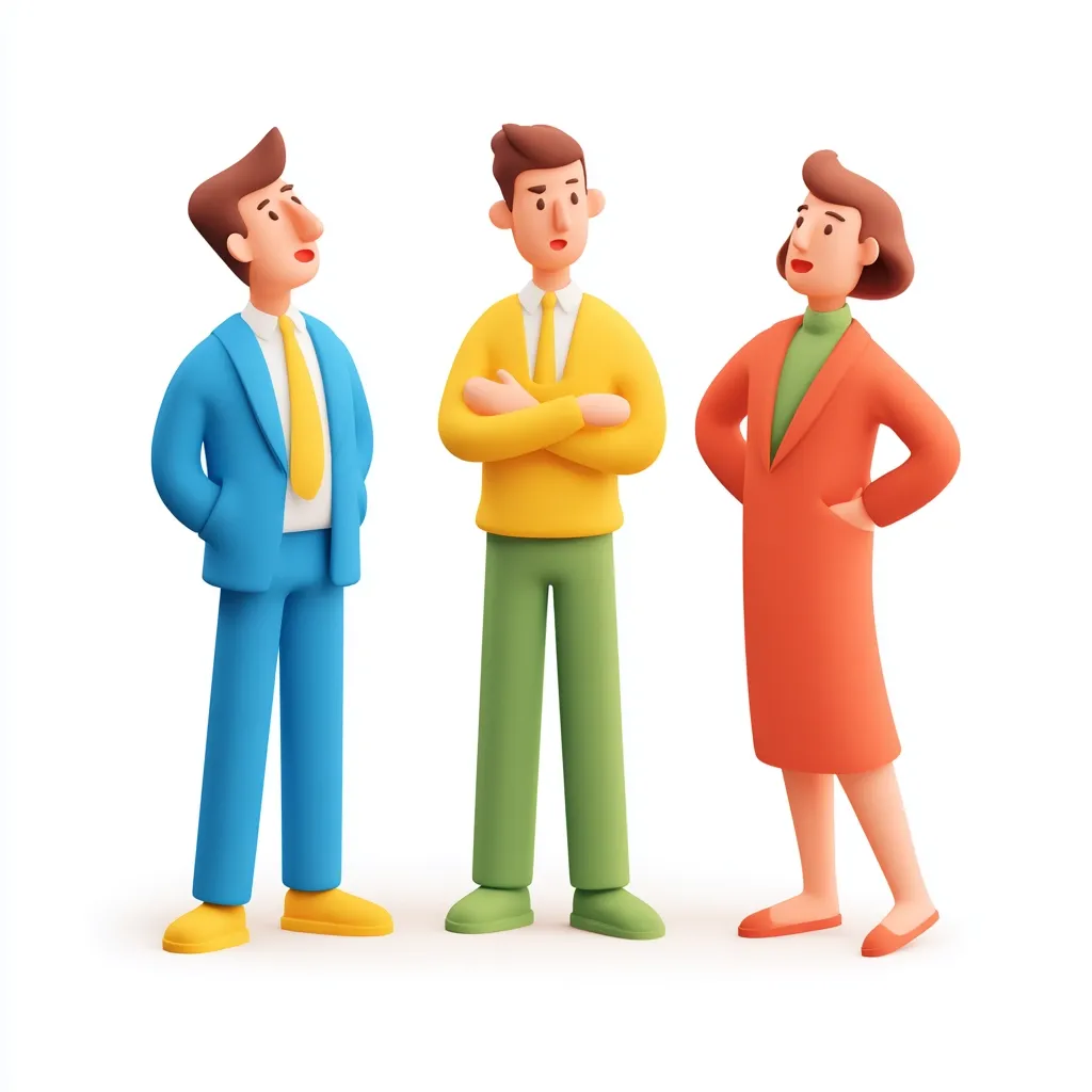Three stylized 3D cartoon characters, a man in a blue suit, a man in a yellow sweater and green pants, and a woman in an orange suit, stand together. The man in blue seems to be listening attentively, while the man in yellow stands with his arms crossed, appearing thoughtful. The woman in orange has her hands on her hips, suggesting a confident or assertive posture.  They are possibly engaged in a business meeting or discussion.