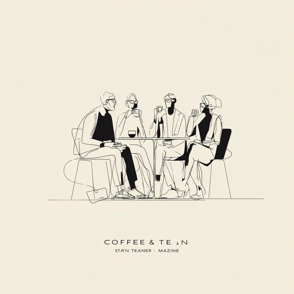 A minimalist line drawing depicts four individuals seated around a small, round table, enjoying coffee or tea.  They are stylishly dressed, and the image exudes a calm, sophisticated atmosphere. The artwork is titled "Coffee & Tea," credited to Stan Teaner and Mazine, suggesting a collaboration or publication.  The simple lines and neutral palette create a clean and modern aesthetic.