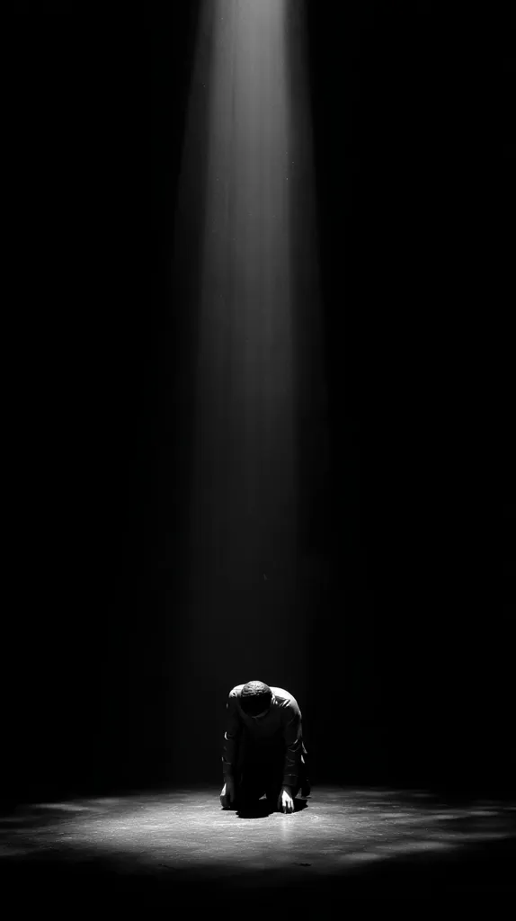A solitary figure kneels in a dark space, illuminated by a single, dramatic spotlight.  The grayscale image emphasizes the stark contrast between light and shadow, creating a mood of vulnerability and isolation. The person's posture suggests humility, prayer, or despair. The overall effect is one of profound loneliness and introspection.