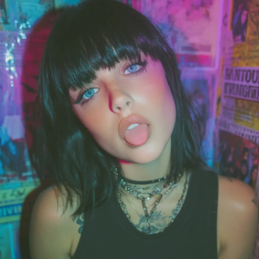 A young woman with dark, blunt-cut bangs and blue eyes playfully sticks out her tongue.  She wears a black tank top and layered silver necklaces.  The background is a vibrant, out-of-focus collage of posters in pink and purple hues, creating a retro aesthetic. Her expression is cheeky and slightly mischievous.  She has visible tattoos on her neck and shoulders.
