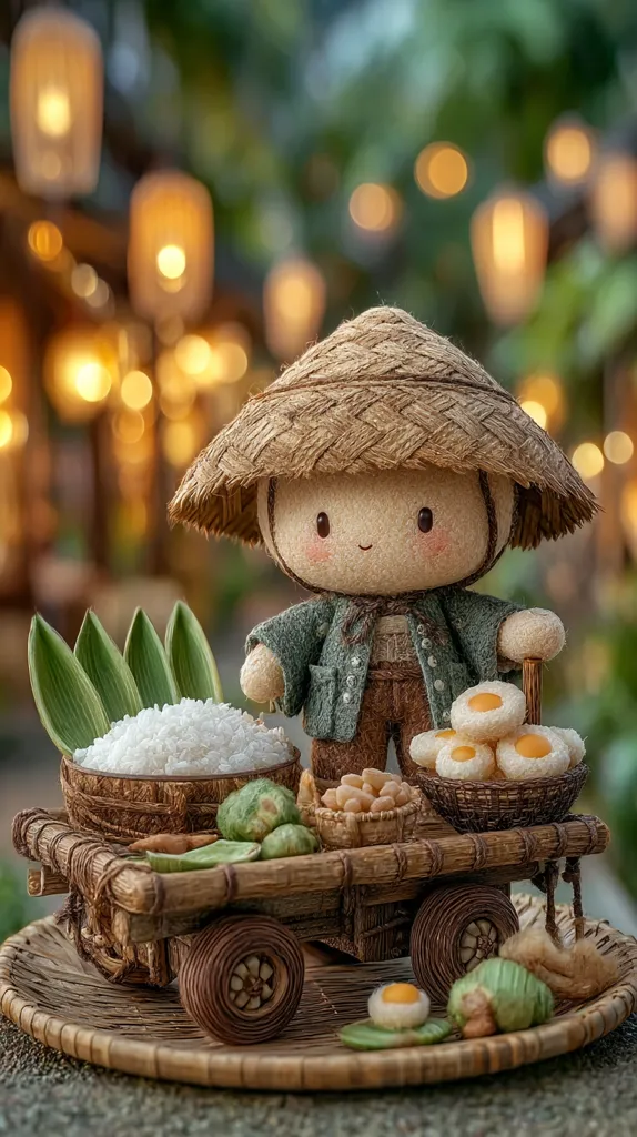 A charming handcrafted doll, wearing a conical straw hat and a green jacket, sits atop a miniature cart.  The cart is laden with small baskets of rice, vegetables, and what appear to be egg-shaped treats. The scene is softly lit, with a blurred background of warm, ambient lighting suggesting an outdoor setting. The doll's cheerful expression and the carefully arranged goods create a heartwarming and idyllic image.