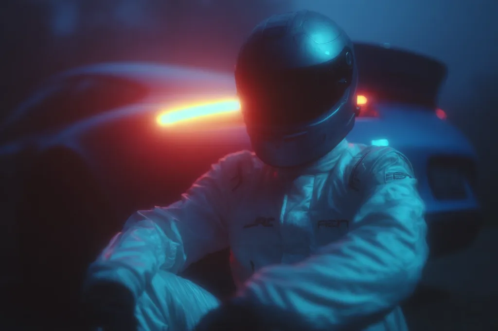 A race car driver, clad in a white racing suit and helmet, sits pensively in front of a car bathed in vibrant neon blue and red light. The atmosphere is moody and atmospheric, suggesting a nighttime setting. The driver's posture and the dimly lit background create a sense of quiet contemplation or post-race reflection.  The scene is stylized with a cinematic, almost surreal quality.