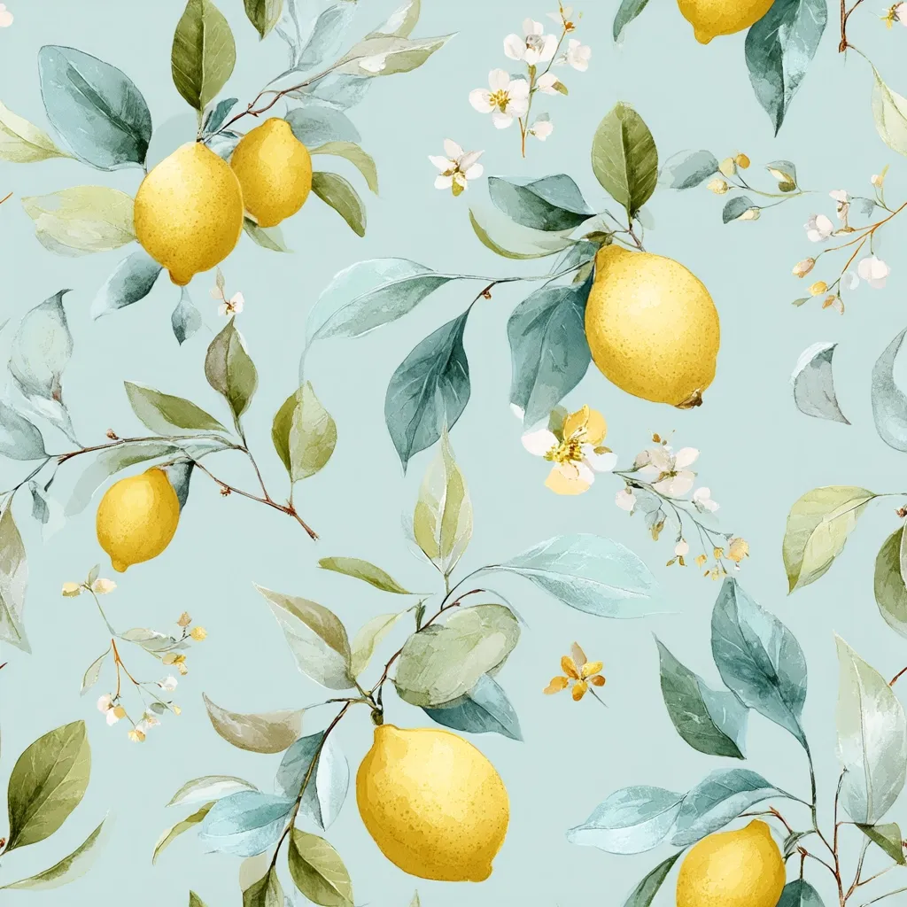 A watercolor seamless pattern features ripe lemons hanging from branches adorned with lush green leaves and delicate white and yellow blossoms.  The vibrant lemons and soft pastel background create a cheerful, summery design, ideal for fabric, wallpaper, or other decorative applications. The artistic style is reminiscent of botanical illustrations.