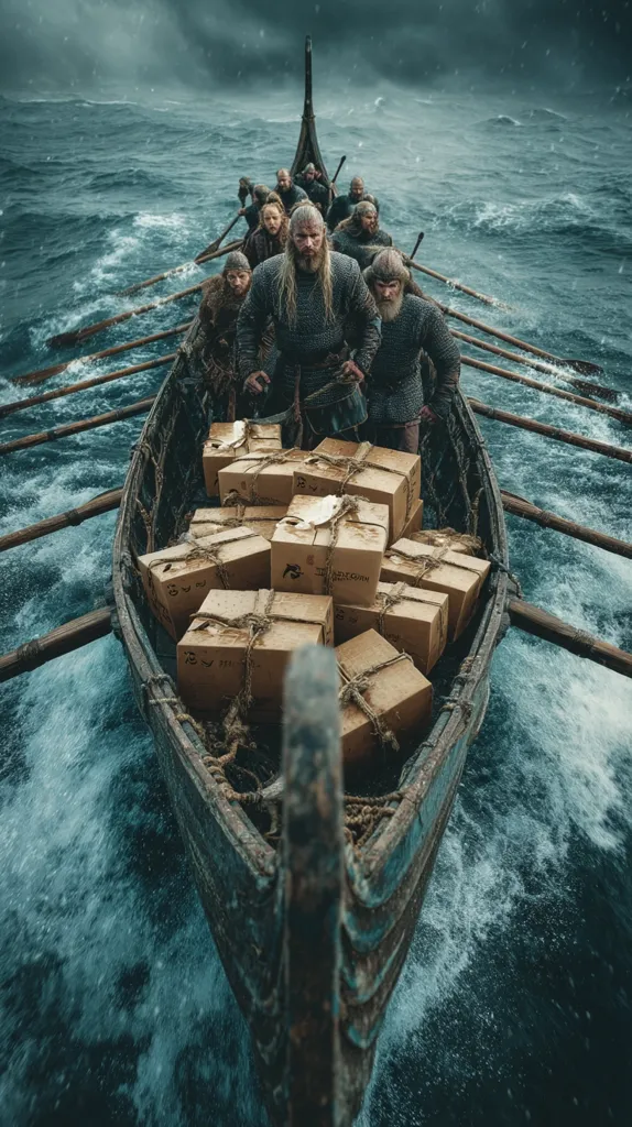 A longship, crewed by Vikings in chainmail, navigates a tempestuous sea.  The ship's hold is filled with numerous cardboard boxes secured with rope, suggesting trade or transport. The scene is dramatic, with a dark, stormy sky and churning waves emphasizing the harsh conditions of their journey. The central figure, a powerfully built Viking with long blond hair and beard, commands attention.