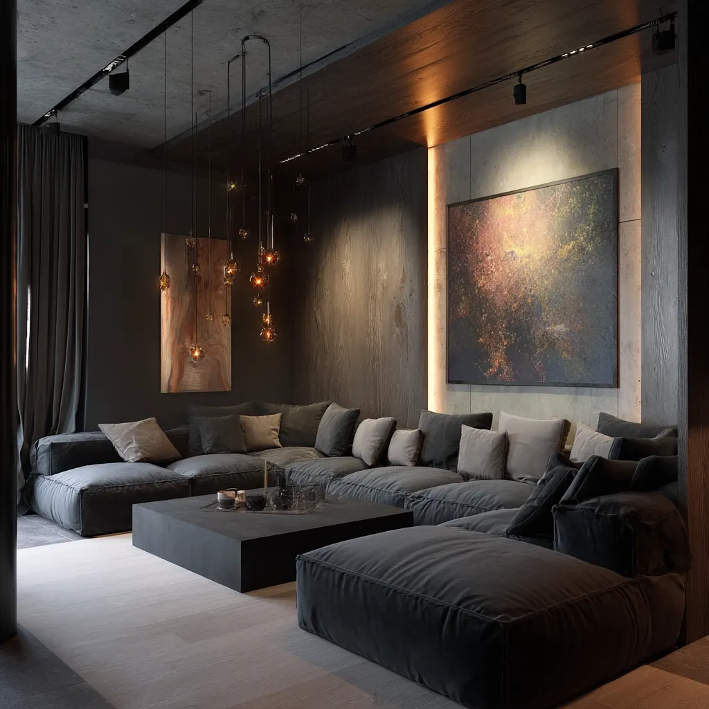 A modern, dark living room features a large, low-slung modular sofa in charcoal gray.  A low, rectangular coffee table sits in front.  Warm-toned, amber glass pendant lights hang from the ceiling, illuminating a large abstract painting on a concrete wall. The room's overall aesthetic is sophisticated and minimalist with dark wood and concrete accents.