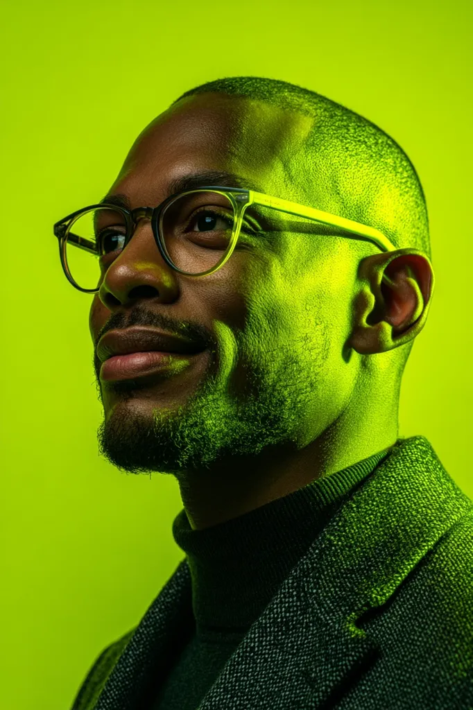 A close-up profile shot of a Black man with short hair and glasses. He's wearing a dark turtleneck and a textured overcoat.  The bright lime green background casts dramatic highlights on his face and clothing. His expression is thoughtful, his gaze directed slightly upward and to the side.  The image is stylish and contemporary.
