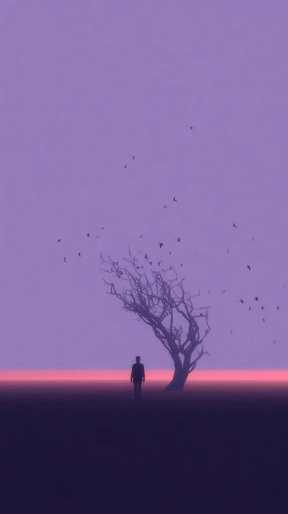 A solitary figure walks towards a barren tree silhouetted against a dusky purple sky.  A flock of birds scatters across the twilight sky.  The scene is minimalistic, evoking a sense of loneliness and quiet contemplation under a faintly pink horizon.  The overall mood is melancholic and serene.