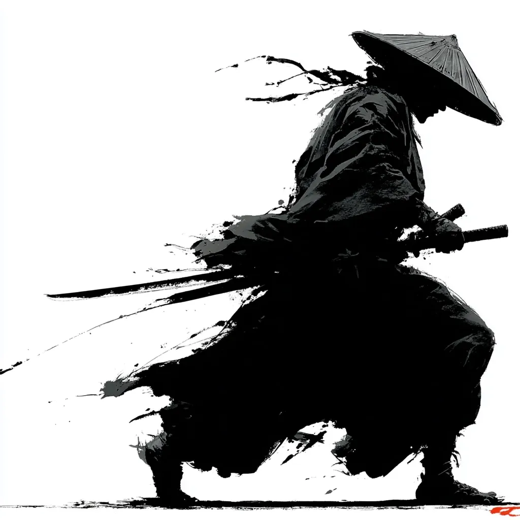 A stylized silhouette of a samurai in motion dominates the image.  He wears a wide-brimmed hat and flowing robes, his drawn katana creating dynamic streaks of ink-like black across the white background. The artistic style evokes a sense of speed and power, capturing the essence of a warrior in motion.  The overall impression is one of both elegance and fierce determination.
